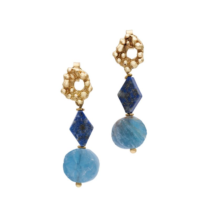 Dual stone abstract drop earrings fluorite and lapis