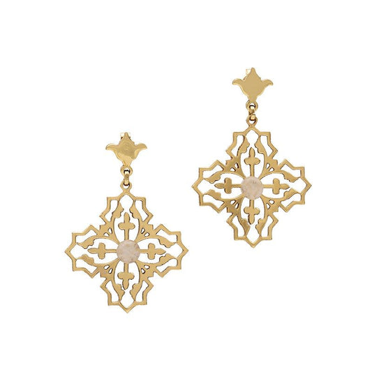 Milky quartz geometric drop earrings front view